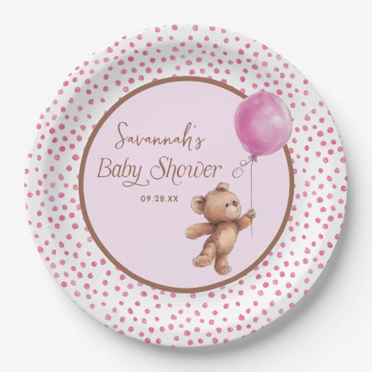 Roze Polka Dot Teddy Bear Baby shower Papier Bord (Voorkant)