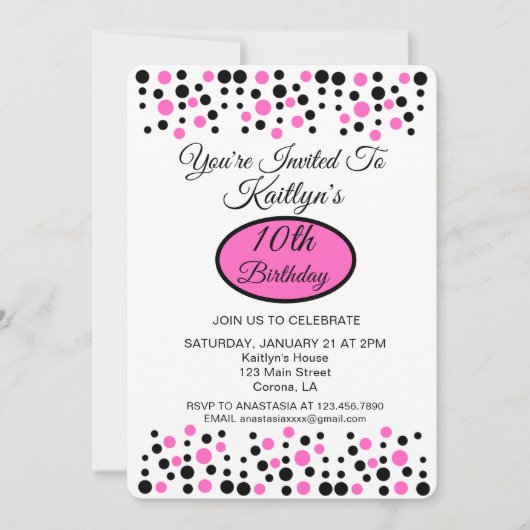 Roze Polka Dot Verjaardagsfeestuitnodiging Kaart (Voorkant)