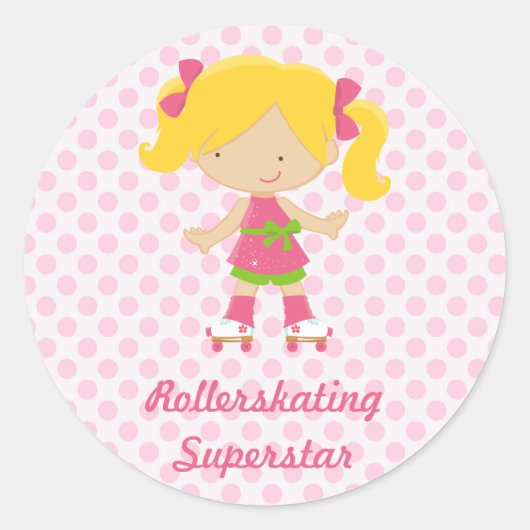 Roze Polka Dots Blond Rollerskating Superstar Sti Ronde Sticker (Voorkant)