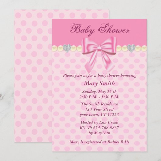 Roze Polka Dots Bow Baby shower Uitnodiging (Voorkant / Achterkant)