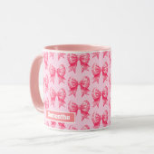 Roze Polka Dots Bow Ribbon Gepersonaliseerde naam Mok (Voorkant links)