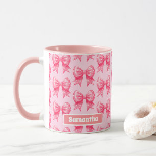 Roze Polka Dots Bow Ribbon Gepersonaliseerde naam Mok
