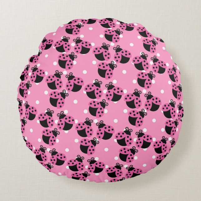 Roze Polka Dots en Ladybugs Rond Kussen (Voorkant)