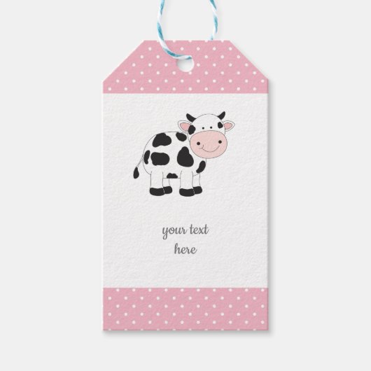 Roze Polka Dots Koe Gift Labels Cadeaulabel (Voorkant)
