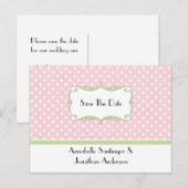 Roze Polka Dots met Bord Groen Save The Date Aankondigingskaart (Voorkant / Achterkant)