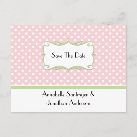 Roze Polka Dots met Bord Groen Save The Date Aankondigingskaart (Voorkant)