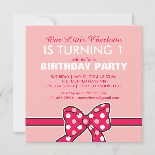 Roze Polka Dots Ribbon Birthday Uitnodiging tot Ki (Voorkant)