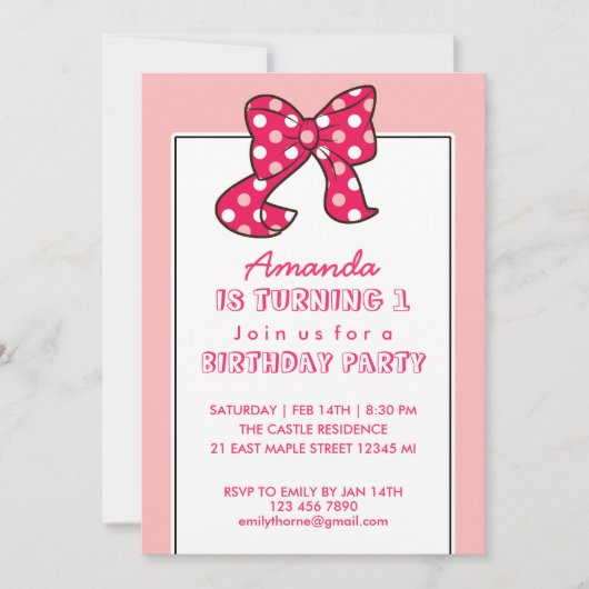 Roze Polka Dots Ribbon en Bow Birthday Invitation Kaart (Voorkant)