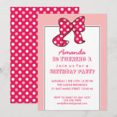 Roze Polka Dots Ribbon en Bow Birthday Invitation Kaart (Voorkant / Achterkant)