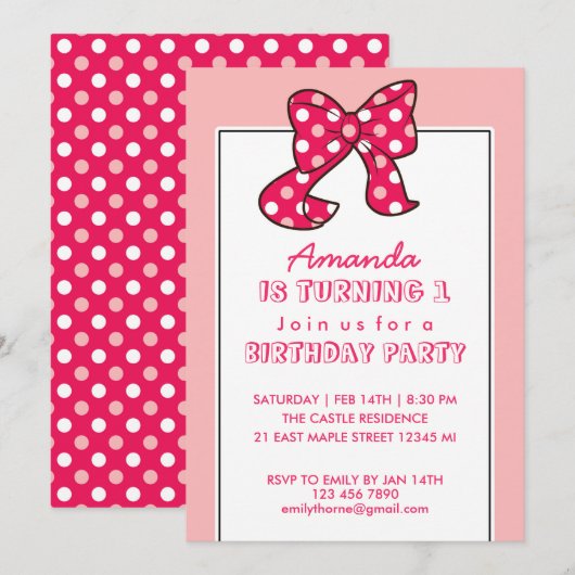 Roze Polka Dots Ribbon en Bow Birthday Invitation Kaart (Voorkant / Achterkant)