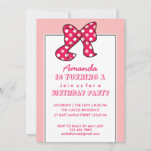 Roze Polka Dots Ribbon en Bow Birthday Invitation Kaart