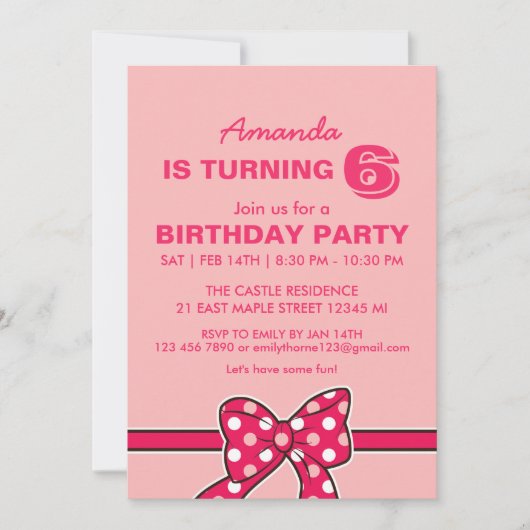 Roze Polka Dots Ribbon en Bow Birthday Invitation Kaart (Voorkant)