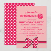 Roze Polka Dots Ribbon en Bow Birthday Invitation Kaart (Voorkant / Achterkant)