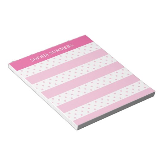 Roze Polka Dots & Stripes Jouw naam toevoegen Notitieblok (Schuin)