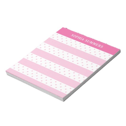 Roze Polka Dots & Stripes Jouw naam toevoegen Notitieblok (Linkerzijde)