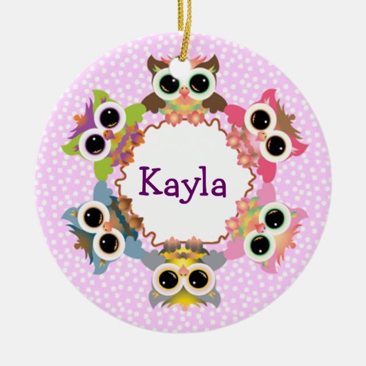 Roze Polka Dots Uil Krans Keramisch Ornament (Voorkant)