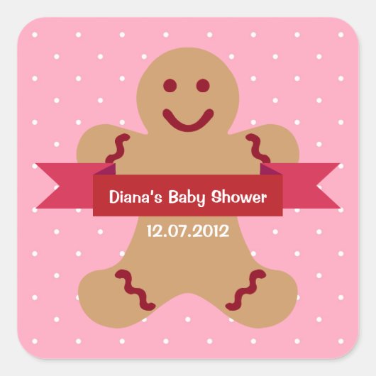 Roze polka gemberbread man lint baby shower label (Voorkant)