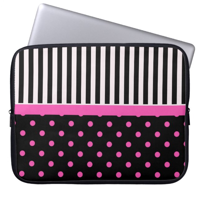 roze polka-punten en B&W-strips Laptop Sleeve (Voorkant)