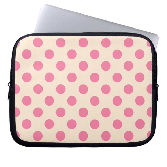 Roze polka-punten op crème laptop sleeve (Voorkant)
