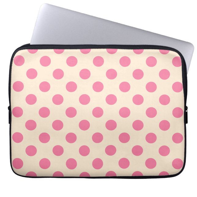 Roze polka-punten op crème laptop sleeve (Voorkant)