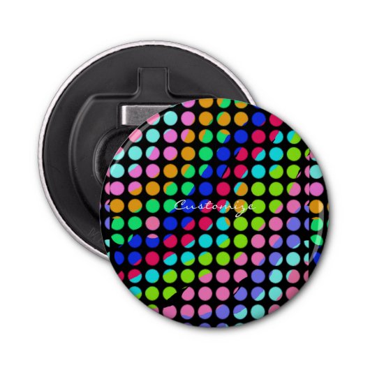 roze, polka+stippen, blauw, rood, groen, patroon,  button flesopener (Voorkant)