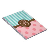 Roze polka stippen blauwgroen strepen | monogram notitieboek (Rechterzijde)