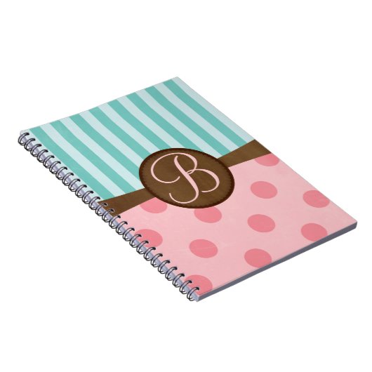 Roze polka stippen blauwgroen strepen | monogram notitieboek (Rechterzijde)