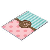 Roze polka stippen blauwgroen strepen | monogram notitieboek (Linkerzijde)