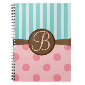 Roze polka stippen blauwgroen strepen | monogram notitieboek (Voorkant)