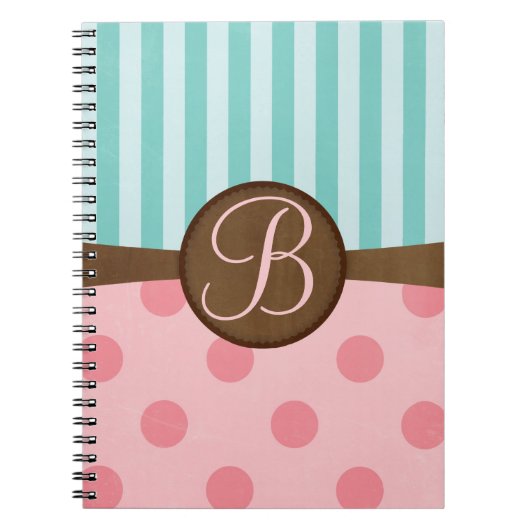 Roze polka stippen blauwgroen strepen | monogram notitieboek (Voorkant)