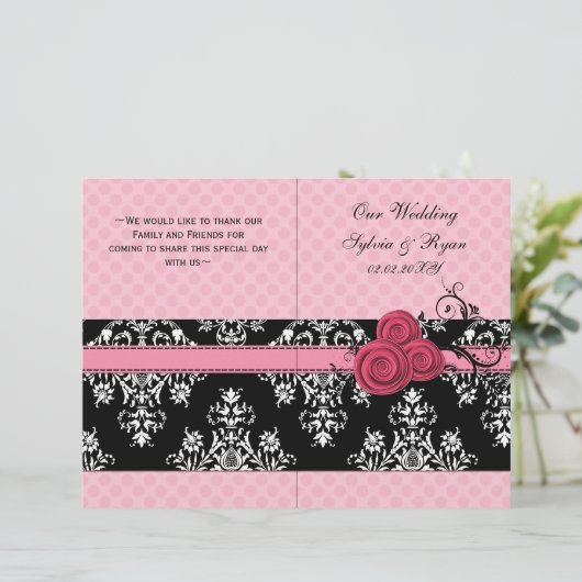 roze polka stippen floral book fold Weddenprogramm (Staand voorkant)