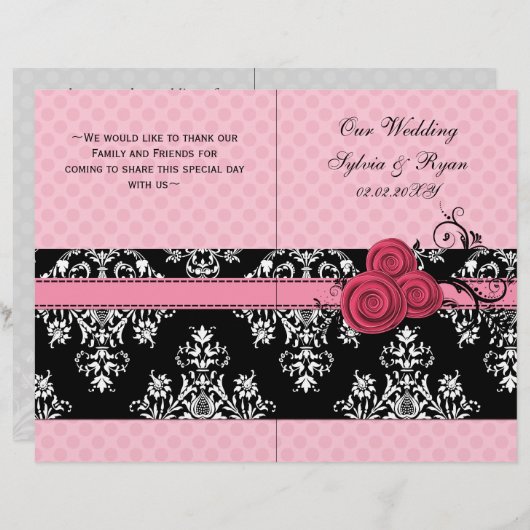 roze polka stippen floral book fold Weddenprogramm (Voorkant / Achterkant)