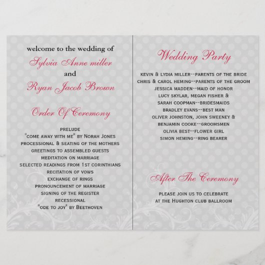 roze polka stippen floral book fold Weddenprogramm (Achterkant)