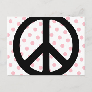 Roze polka stippen met zwart vredessymbool briefkaart