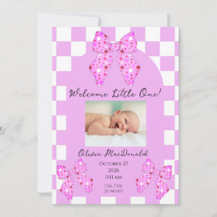 Roze polkadot strik gingham plaid geboorteaankondi aankondiging