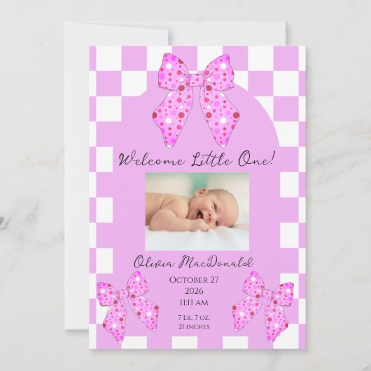 Roze polkadot strik gingham plaid geboorteaankondi aankondiging (Voorkant)
