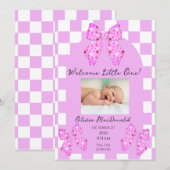 Roze polkadot strik gingham plaid geboorteaankondi aankondiging (Voorkant / Achterkant)