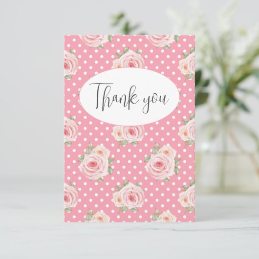 Roze polkadots plat bedankje bedankkaart (Staand voorkant)