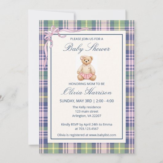 Roze Polo Teddybeer Babyshower Uitnodiging (Voorkant)