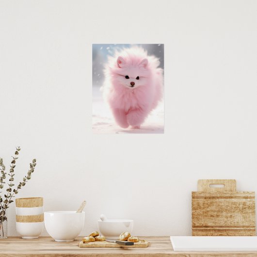 Roze Pomeranian in de sneeuw Poster (Keuken)