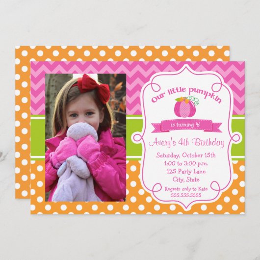 Roze pomkin Birthday-uitnodiging, foto pompoen Kaart (Voorkant / Achterkant)
