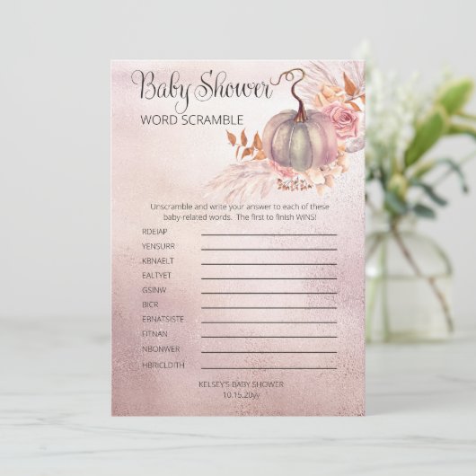 Roze pomkin Boho Pampas Baby shower Word Scramble Kaart (Staand voorkant)