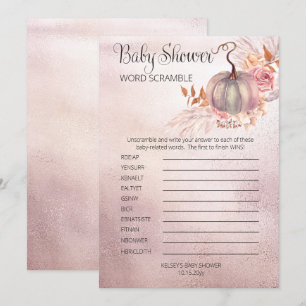 Roze pomkin Boho Pampas Baby shower Word Scramble Kaart