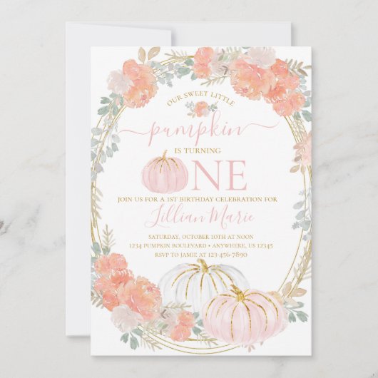 Roze pomkin Eerste Birthday Uitnodiging (Voorkant)