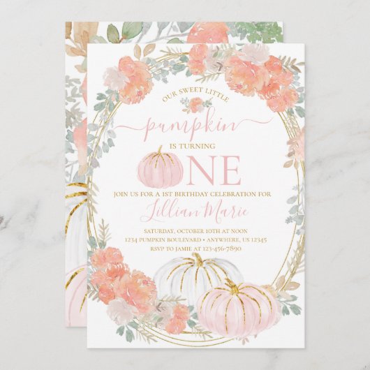 Roze pomkin Eerste Birthday Uitnodiging (Voorkant / Achterkant)