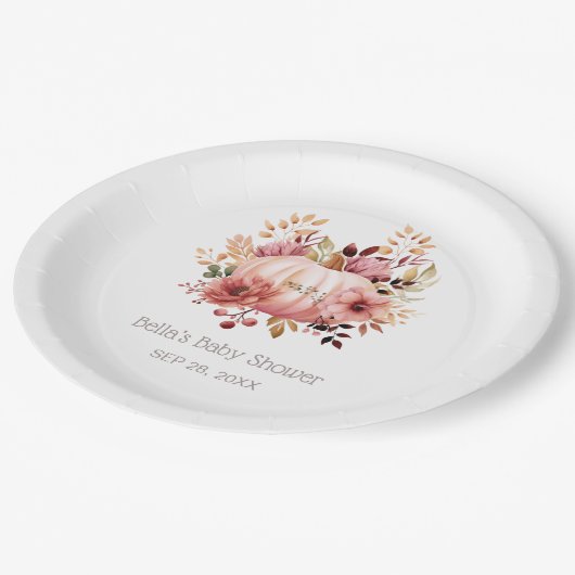 Roze pomkin Floral Baby shower Papieren Bordje (Gekanteld)