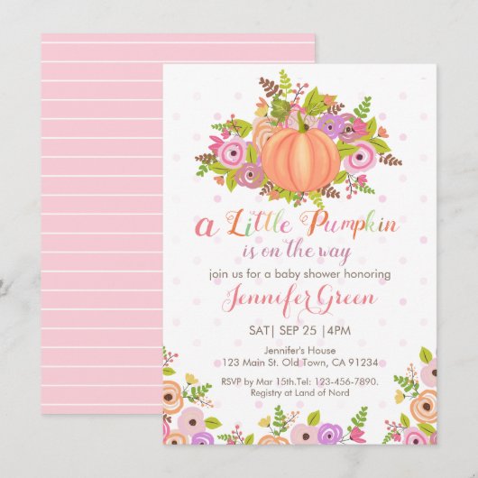 Roze pomkin Floral Baby shower Uitnodiging (Voorkant / Achterkant)