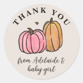 Roze pomkin Herfst Baby shower Dank u wel Ronde Sticker (Voorkant)