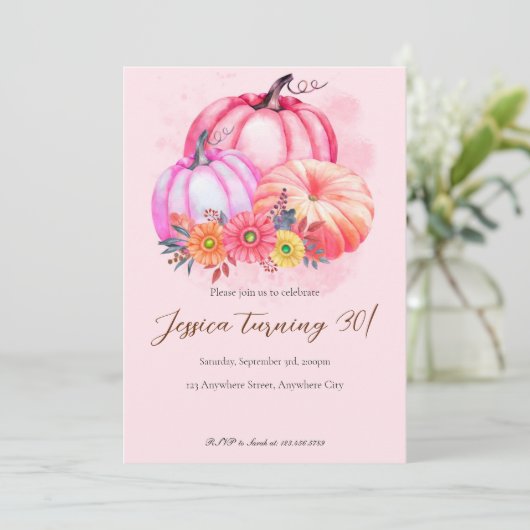 Roze pomkin Herfst Birthday Uitnodiging (Staand voorkant)