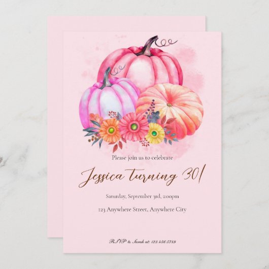 Roze pomkin Herfst Birthday Uitnodiging (Voorkant / Achterkant)